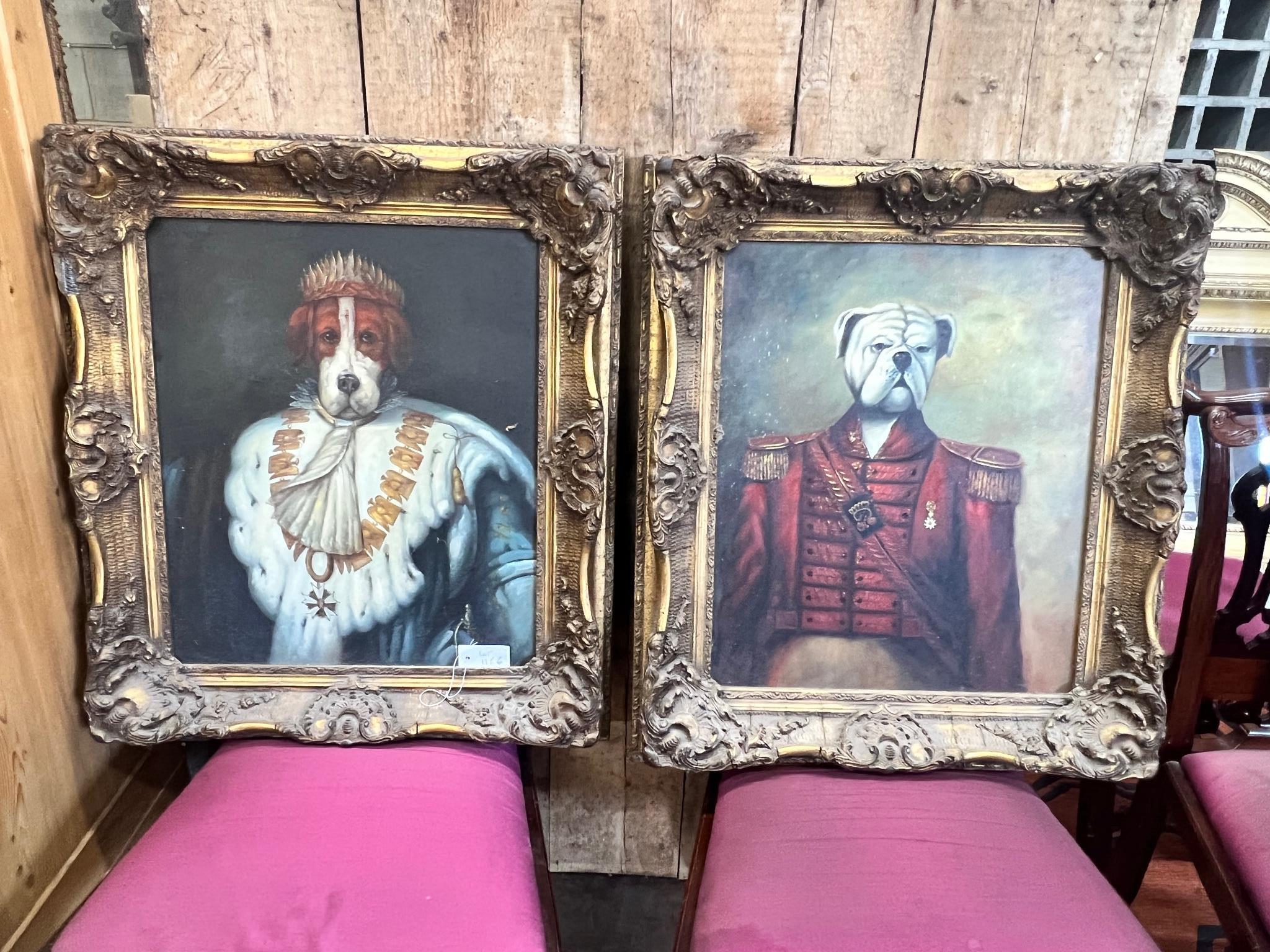 A pair reproduction humorous dog portraits on canvas depicting a Great Dane and a Bulldog in regal and military attire, gilt framed, 59x49 cms.